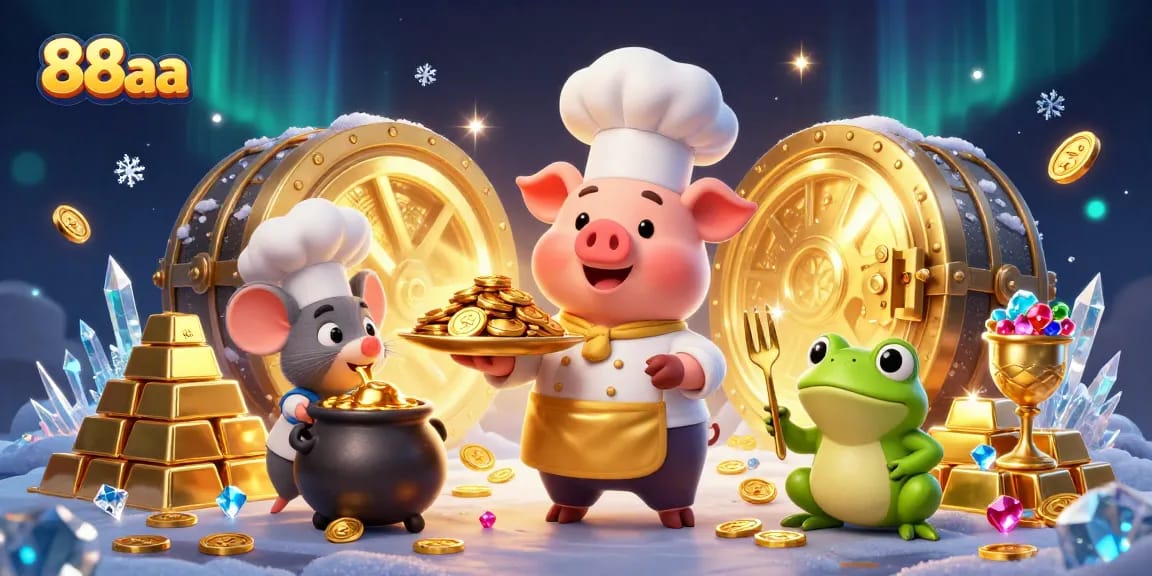 Engage with 88aa's dynamic scene featuring a gourmet gold coin serving by a cartoon chef pig in a casino-themed casino.