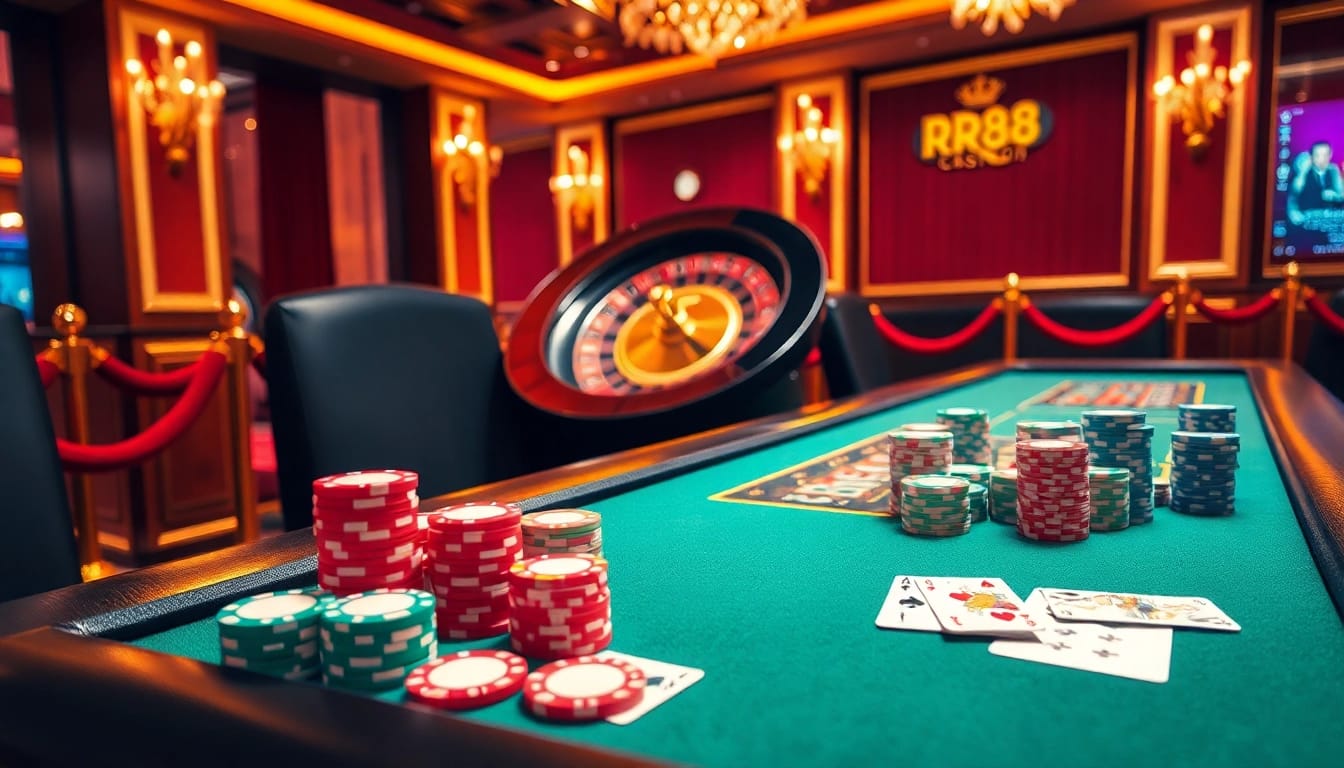 Experience thrilling gaming at RR88 with colorful poker chips and a vibrant roulette wheel.