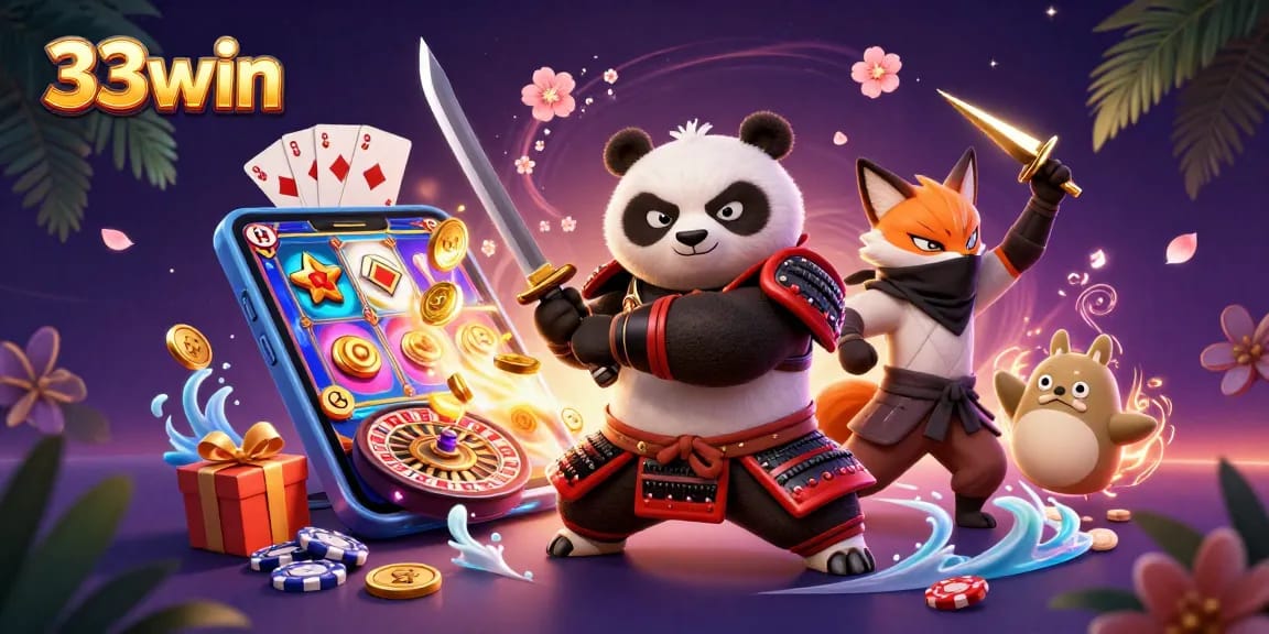 Engage with 33win's thrilling gaming atmosphere through this dynamic illustration featuring a samurai panda and friends.