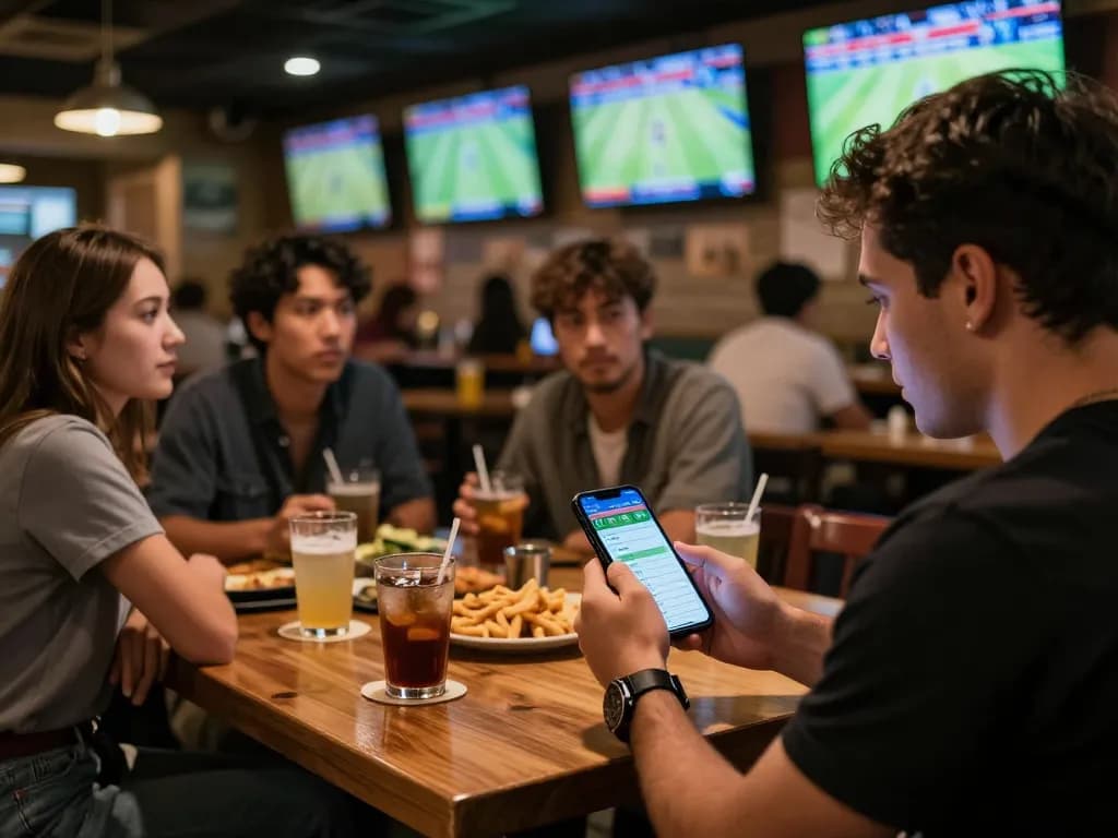 Patron placing a bet using the kèo nhà cái app while watching live sports in a vibrant social setting.