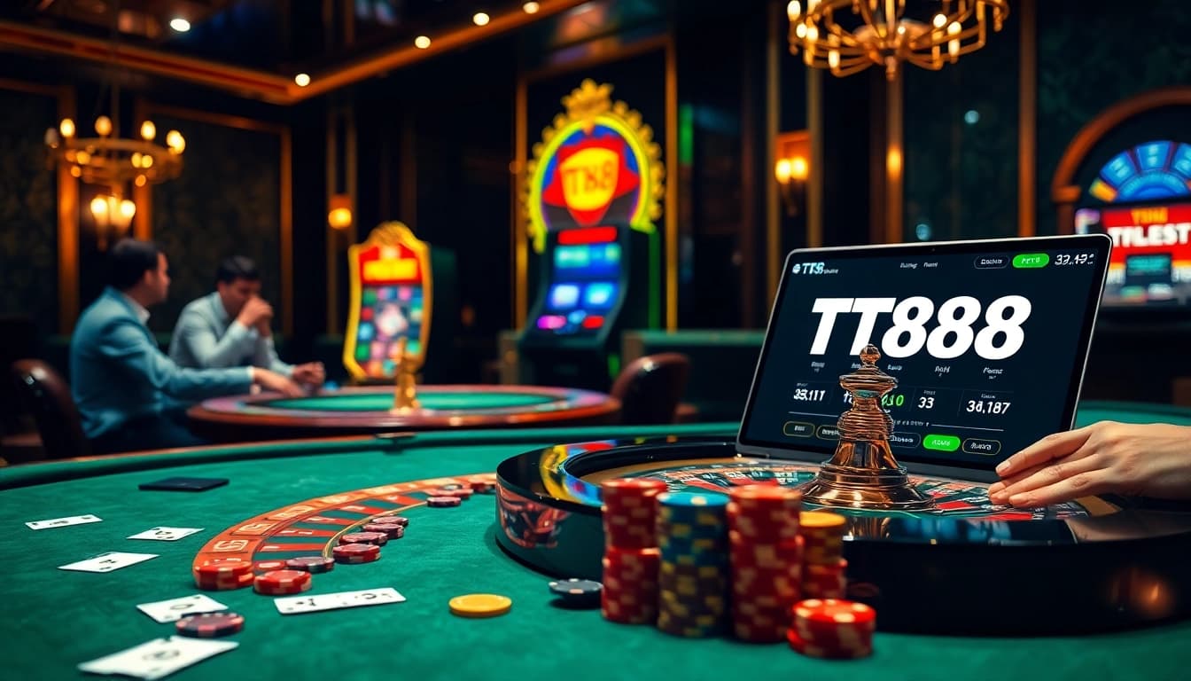 Exciting TT88 casino scene with roulette table, poker chips, and glamorous ambiance.