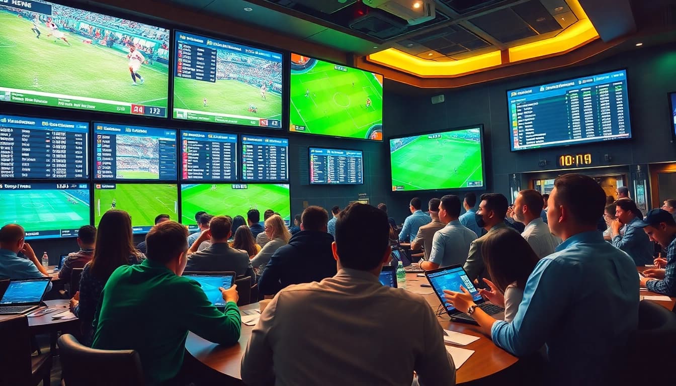 Exciting betting scene showcasing real-time kèo nhà cái 5 odds with enthusiastic bettors in a modern lounge.