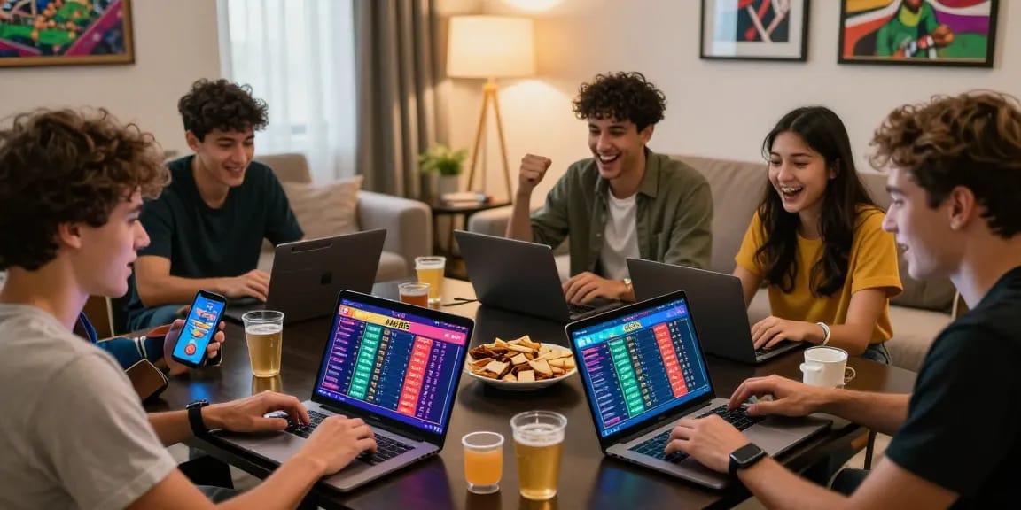 Friends enjoying online gaming session on AA88 BET platform with lively atmosphere.