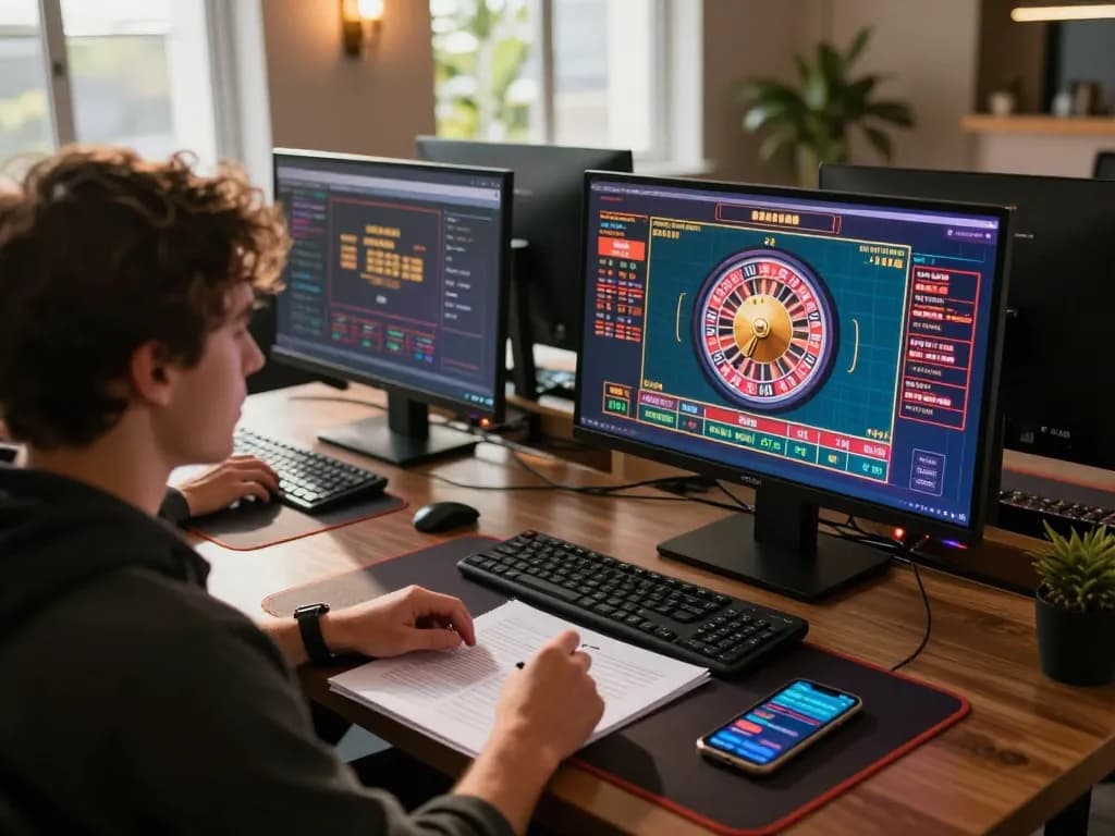 Terlibat dalam permainan online dengan beberapa layar yang menampilkan aksi kasino di https://www.goldleafrestaurant.com/wp_glmain/ sambil menganalisis strategi.