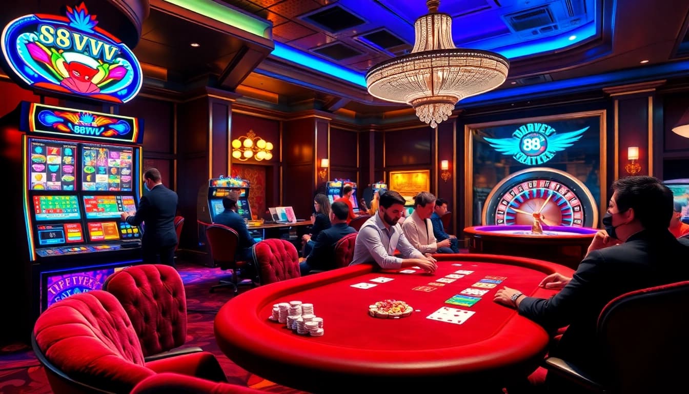 Players engage at a vibrant casino table, representing the thrilling world of 88vv gambling.