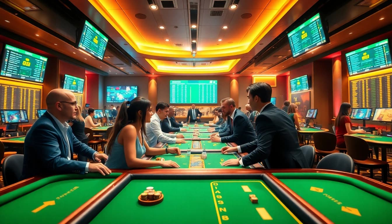 Dynamic scene of players at a Nhà Cái Uy Tín casino engaging in betting activities.