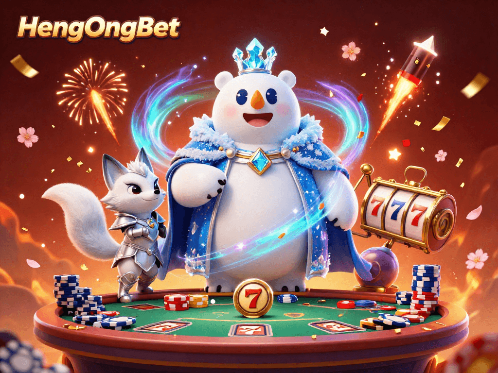 Experience the thrill of HengOngBet with 3D polar bear and fox in a vibrant, lively casino scene.