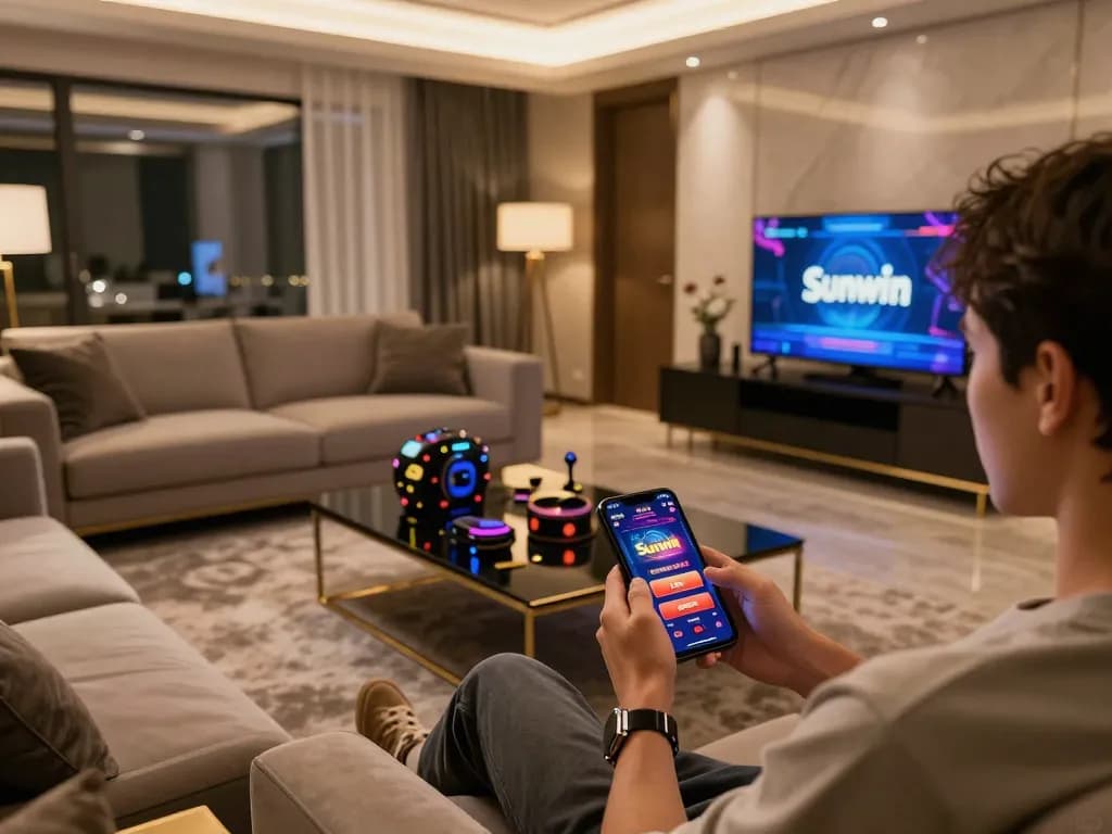 Engaged user playing sunwin casino app on smartphone in a stylish home setting.