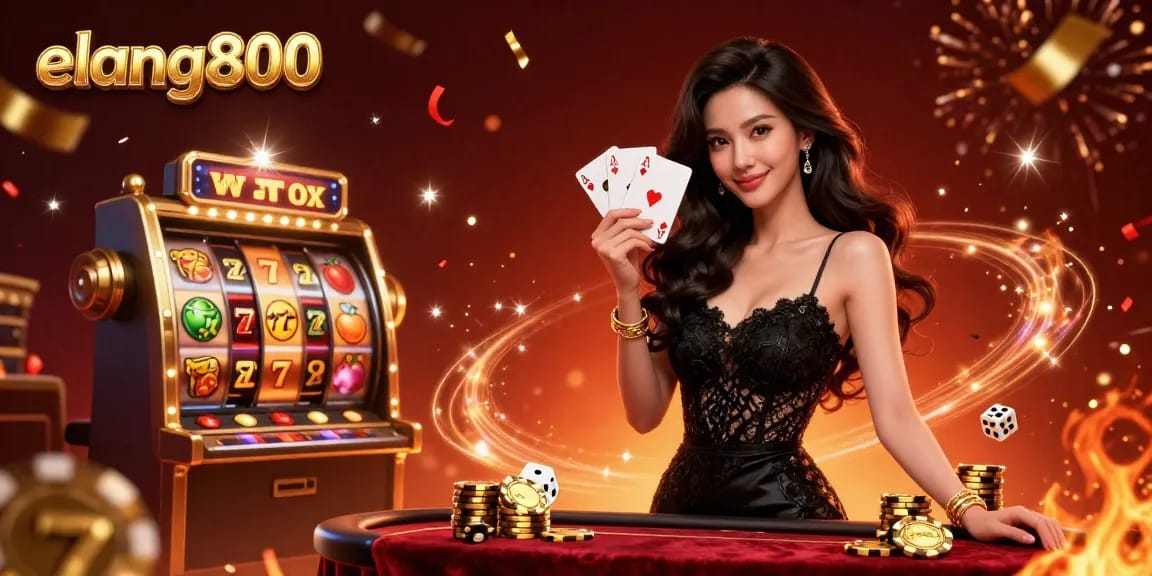 Experience the thrill at elang800 with a stylish Asian woman holding playing cards amid a vibrant casino atmosphere.