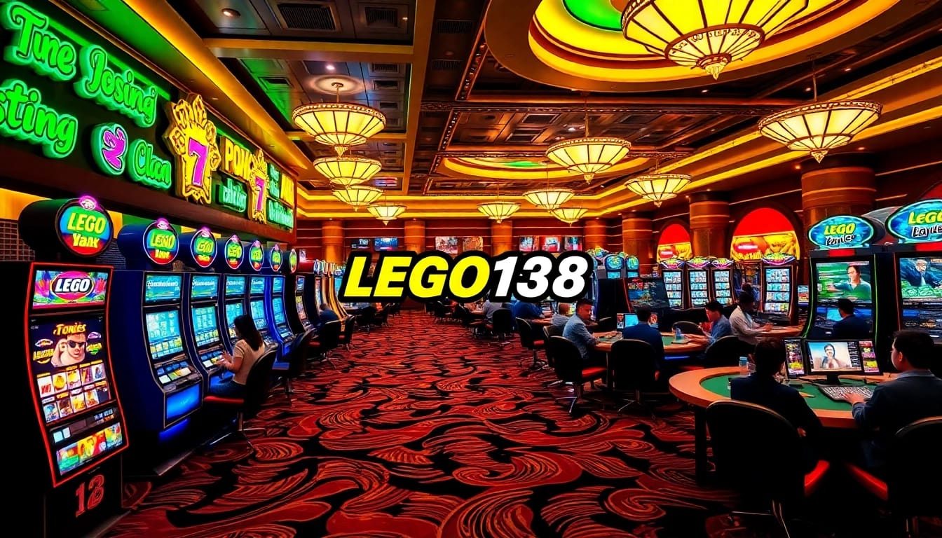 Engaging scene of players on LEGO138 daftar enjoying thrilling slot machines and poker games in a vibrant casino.
