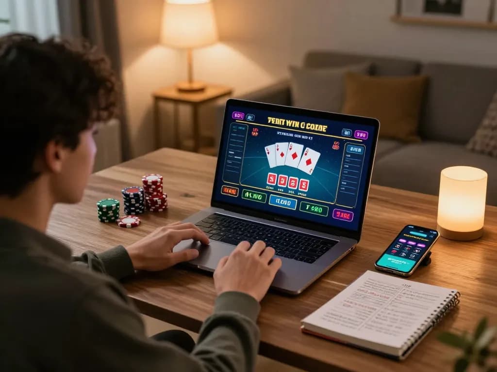 Player enjoying a live dealer game on LV88 in a stylish home environment with laptop and strategy notes.