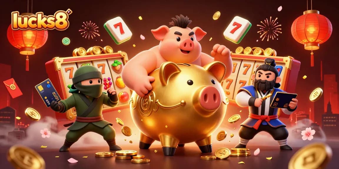 Lucks8 features a dynamic illustration of a golden piggy bank sumo wrestler, wallet-ninja, and credit-card samurai amidst vibrant slot game elements.
