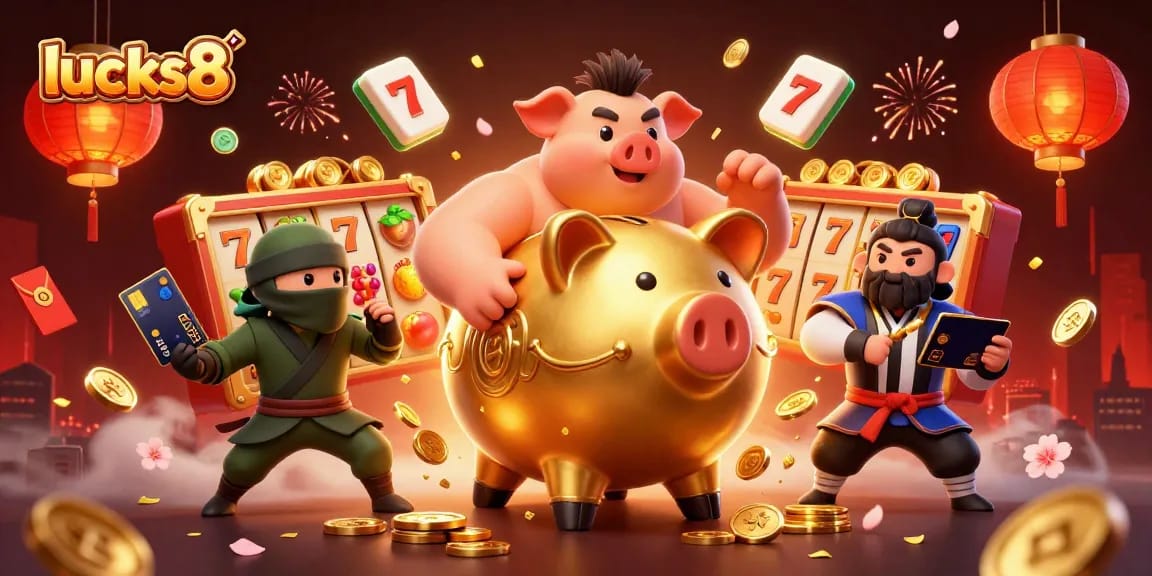 Lucks8 features a dynamic illustration of a golden piggy bank sumo wrestler, wallet-ninja, and credit-card samurai amidst vibrant slot game elements.