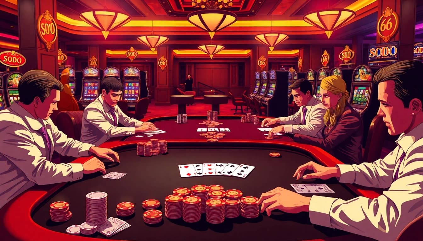SODO 66 poker players strategizing at an upscale casino table with vibrant slot machines.