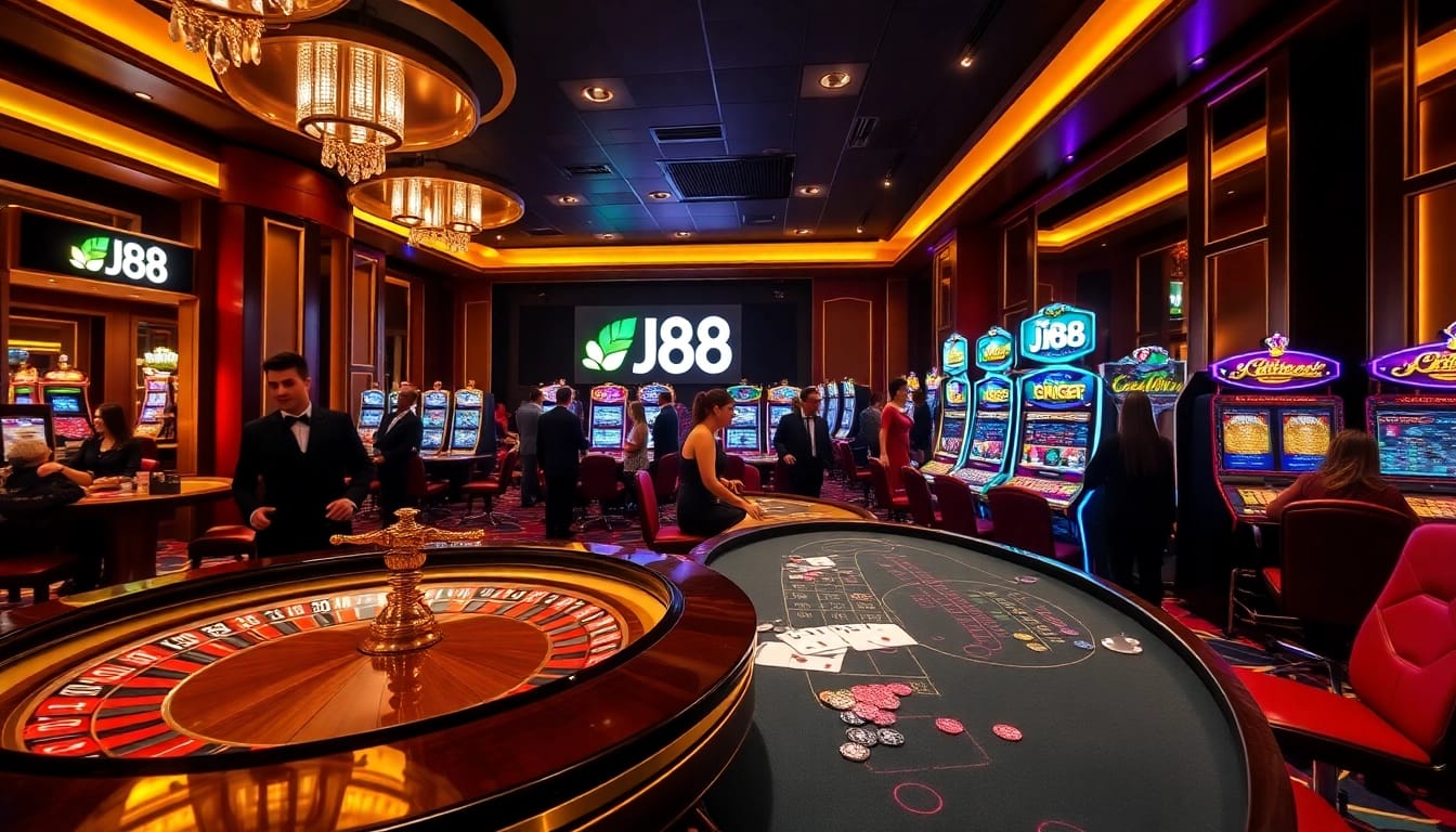Experience thrilling gameplay at J88, showcasing vibrant casino tables and dynamic gaming action.