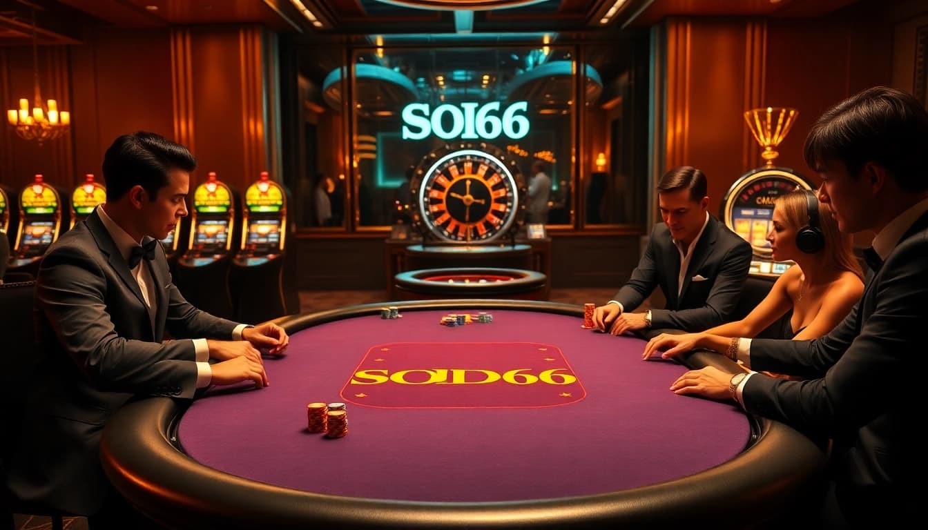 SODO66 poker table in a luxurious casino setting with vibrant chips and cards, exuding excitement.