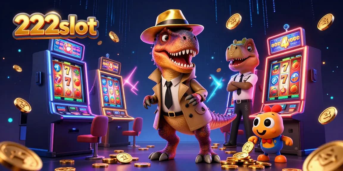 Menangkan jackpot di 222slot dengan velociraptor menyamar di mesin slot, dikelilingi elemen kasino yang dinamis.