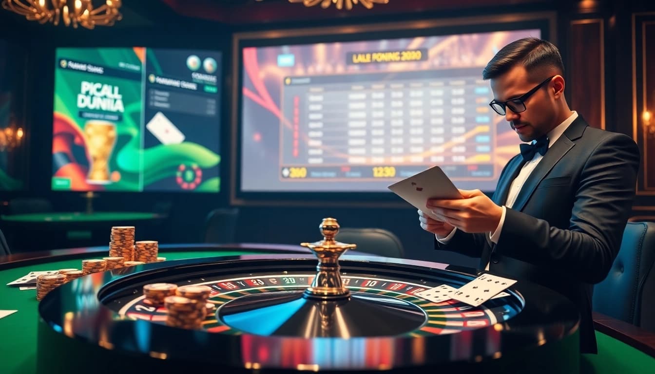 Situs Judi Bola Piala Dunia 2030 gaming scene with a luxurious roulette table, poker chips, and a focused player.