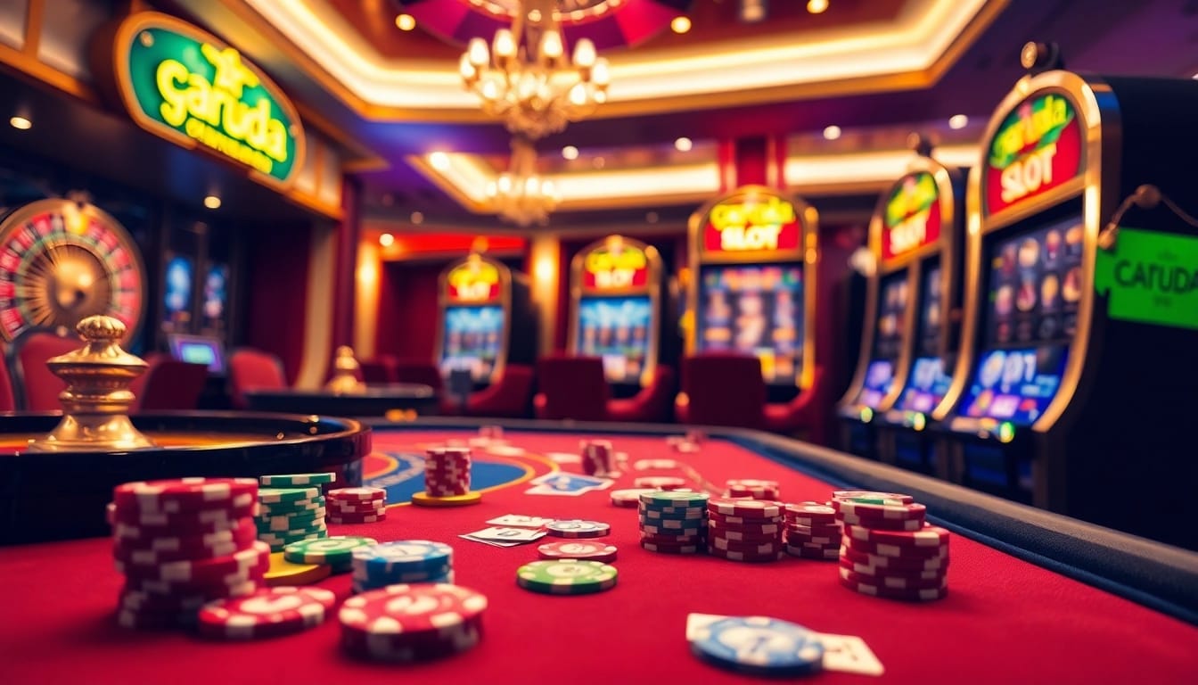Engaging scene of players at a vibrant poker table with garuda slot games, showcasing excitement and luxury.
