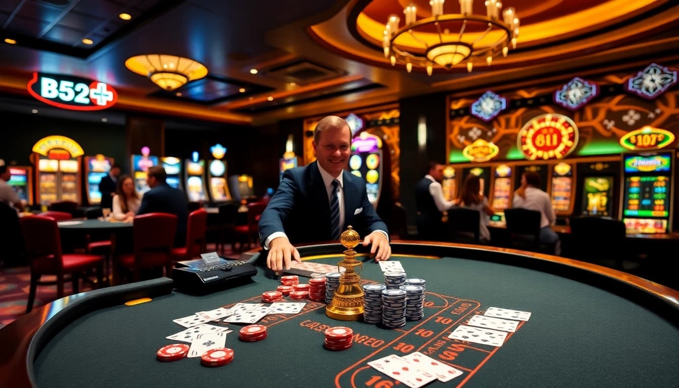 B52 online casino players enjoying engaging games at a luxurious gambling table.