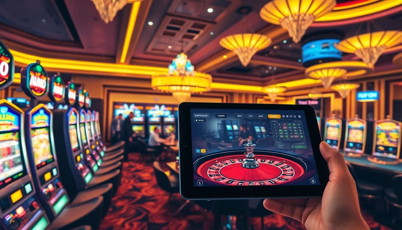 Nohudoithuong casino scene showcasing vibrant slot machines, roulette tables, and online gaming excitement.