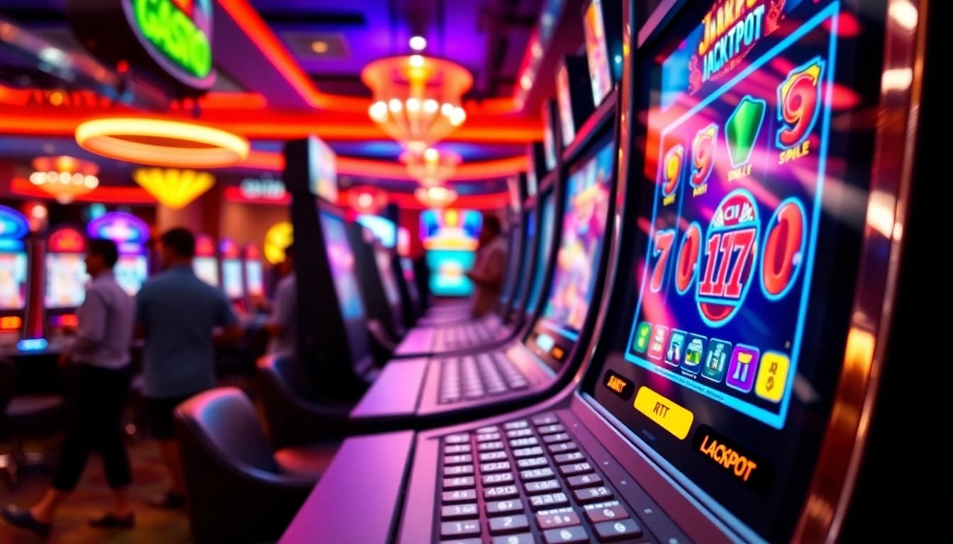 Play RTP slot machine with vibrant wins lighting up the casino.