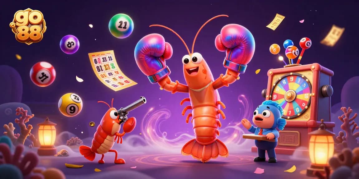 Engage with go 88's vibrant themes as lottery balls bounce alongside animated shrimp in a lively casino scene.