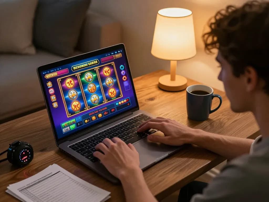 Engaged player using Dinamit4D for online casino gaming at home, showcasing strategy and enjoyment