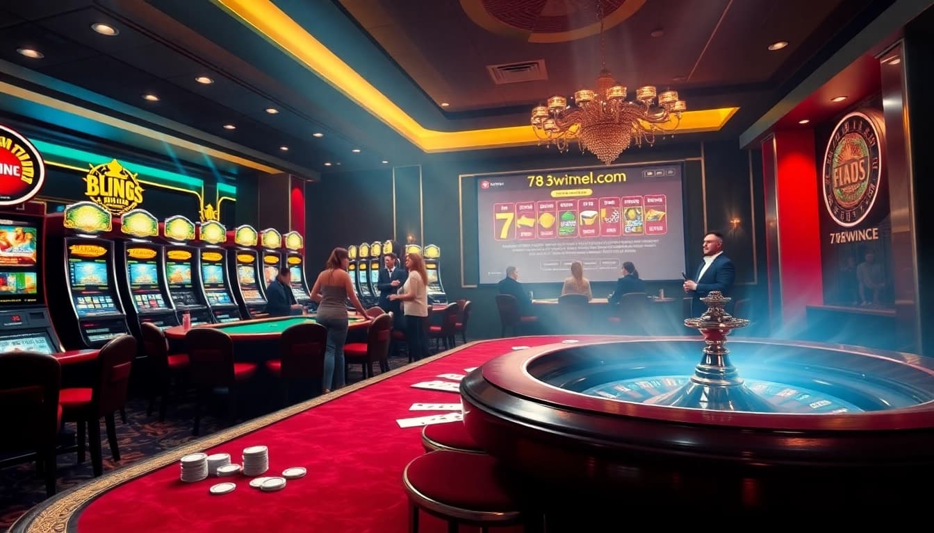 Exciting casino atmosphere with poker tables and slot machines, highlighting 78winel.com gaming experience.