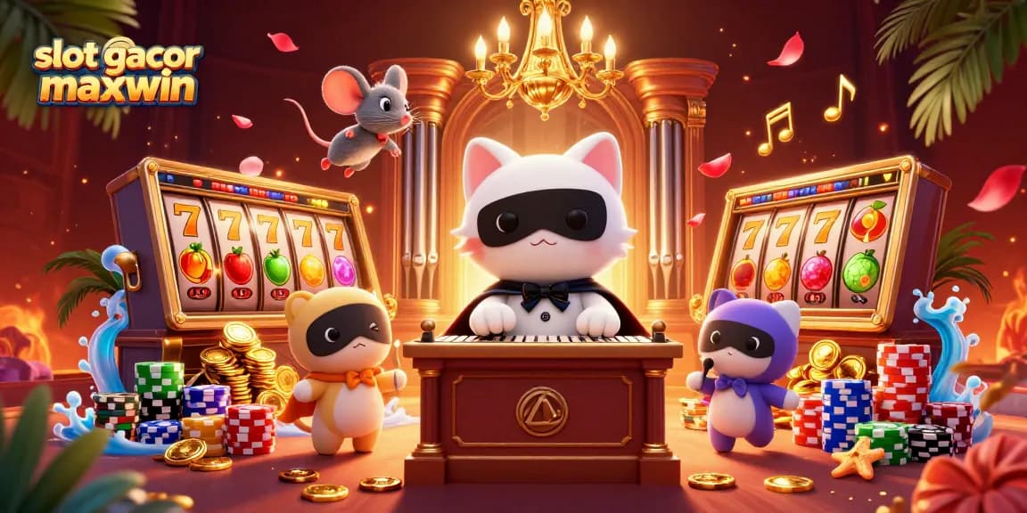 Spin slot gacor maxwin reels filled with lucky symbols and vibrant colors in this lively casino scene.