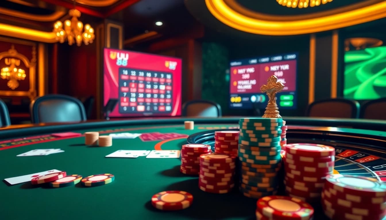 Experience thrilling gameplay at uu 88 with an engaging poker scene featuring vibrant chips and cards.