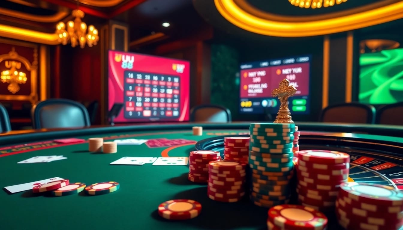 Experience thrilling gameplay at uu 88 with an engaging poker scene featuring vibrant chips and cards.
