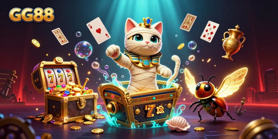 Engage with GG88 at a vibrant online casino scene featuring a dynamic mummy cat and gold treasures.