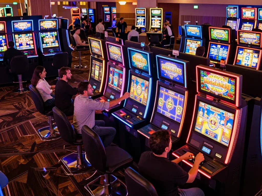 Players engaging with slot machines at dreidelsandmore casino, creating excitement with each spin.