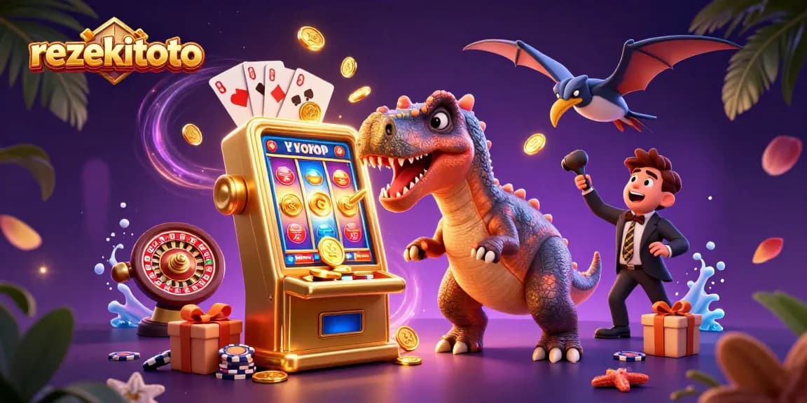 rezekitoto showcases a thrilling scene of cartoon dinosaurs winning jackpots and catching golden coins.