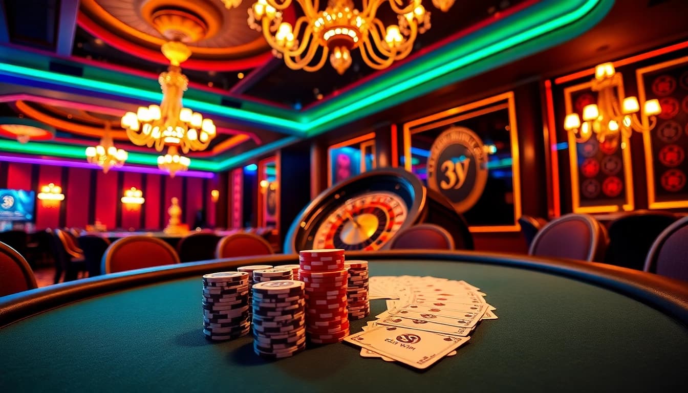 Experience high-stakes gameplay at 33WIN poker table amidst vibrant casino excitement.