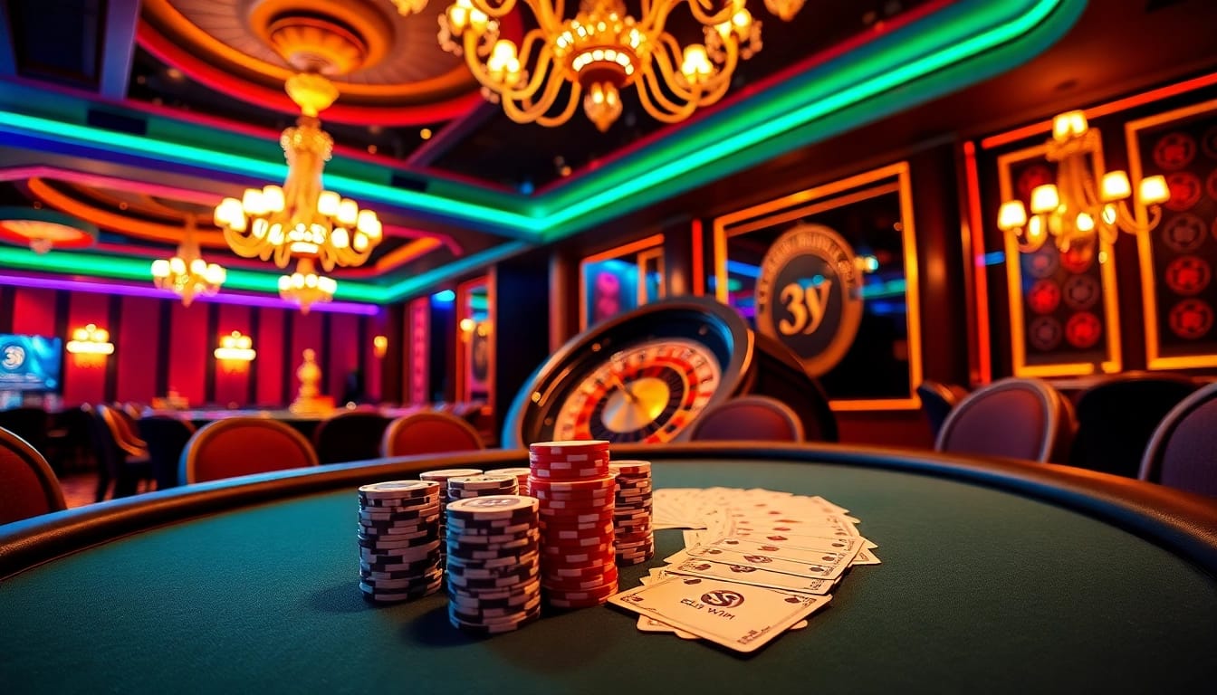 Experience high-stakes gameplay at 33WIN poker table amidst vibrant casino excitement.
