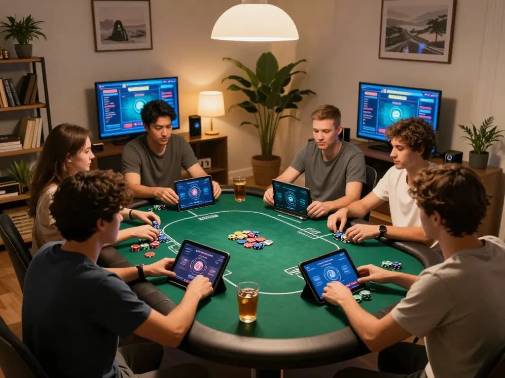 Mengajak teman bermain poker online melalui emaqq, suasana permainan yang hidup, pengaturan rumah yang nyaman.