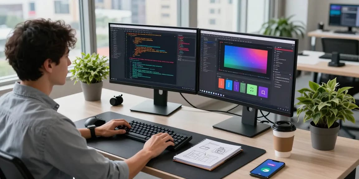 Focused developer at https://fau88.com/ workspace with dual monitors displaying code in a modern office