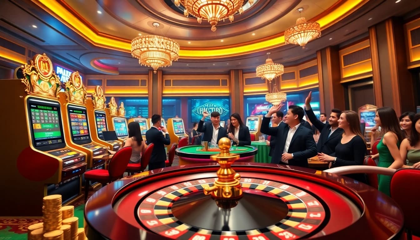 Engaging with Ưu đãi thành viên 6FF in a luxurious casino setting, featuring vibrant slot machines and eager players.