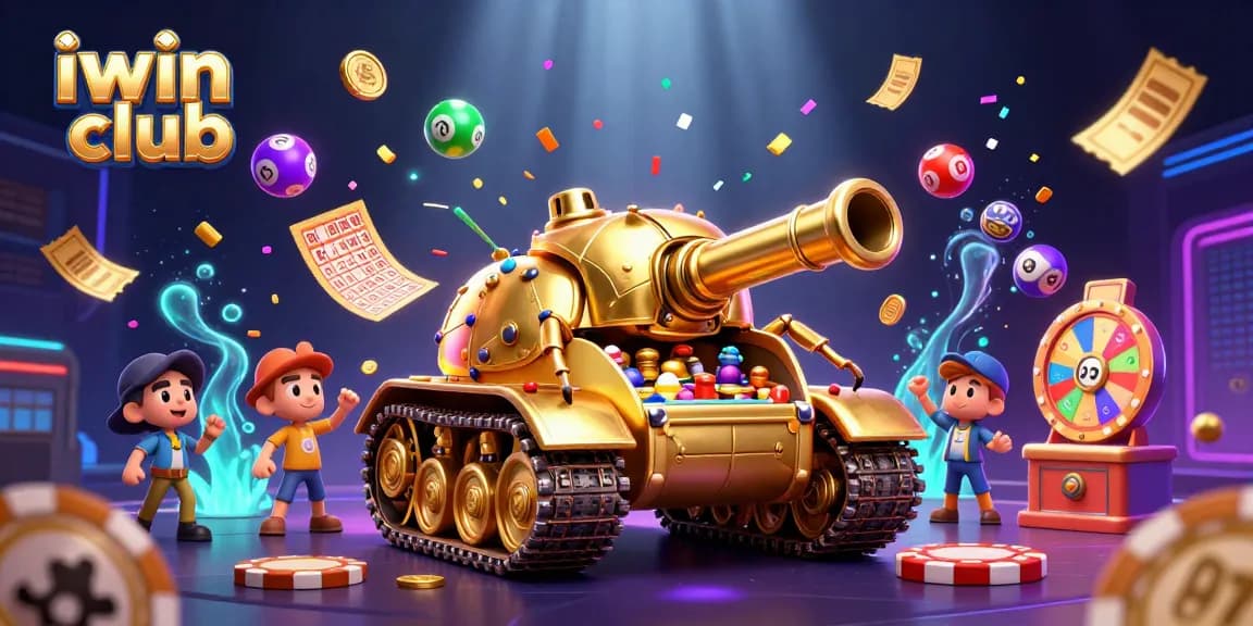 Engage with iwin club's vibrant casino in a dynamic 3D scene filled with lottery balls and game elements.