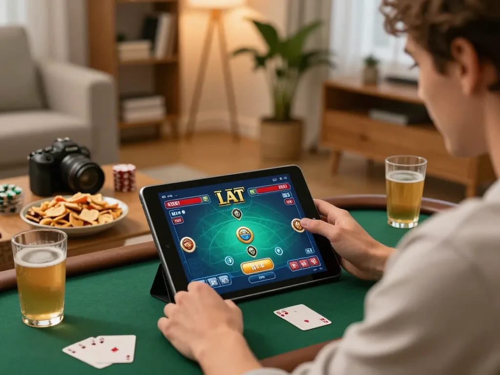 Engaging in poker gameplay on OPEN88 tablet, capturing a cozy and strategic gaming atmosphere