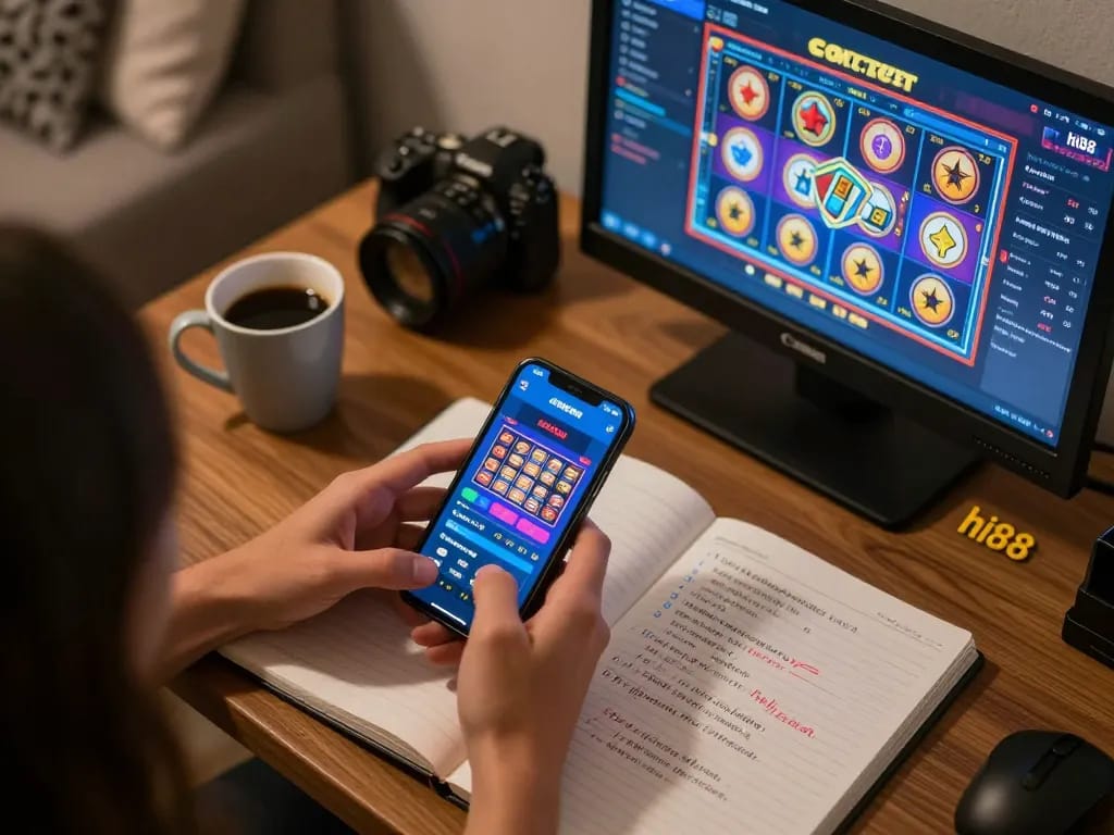 Player exploring hi88 mobile casino app, vibrant slot games featured on smartphone, cozy home setup