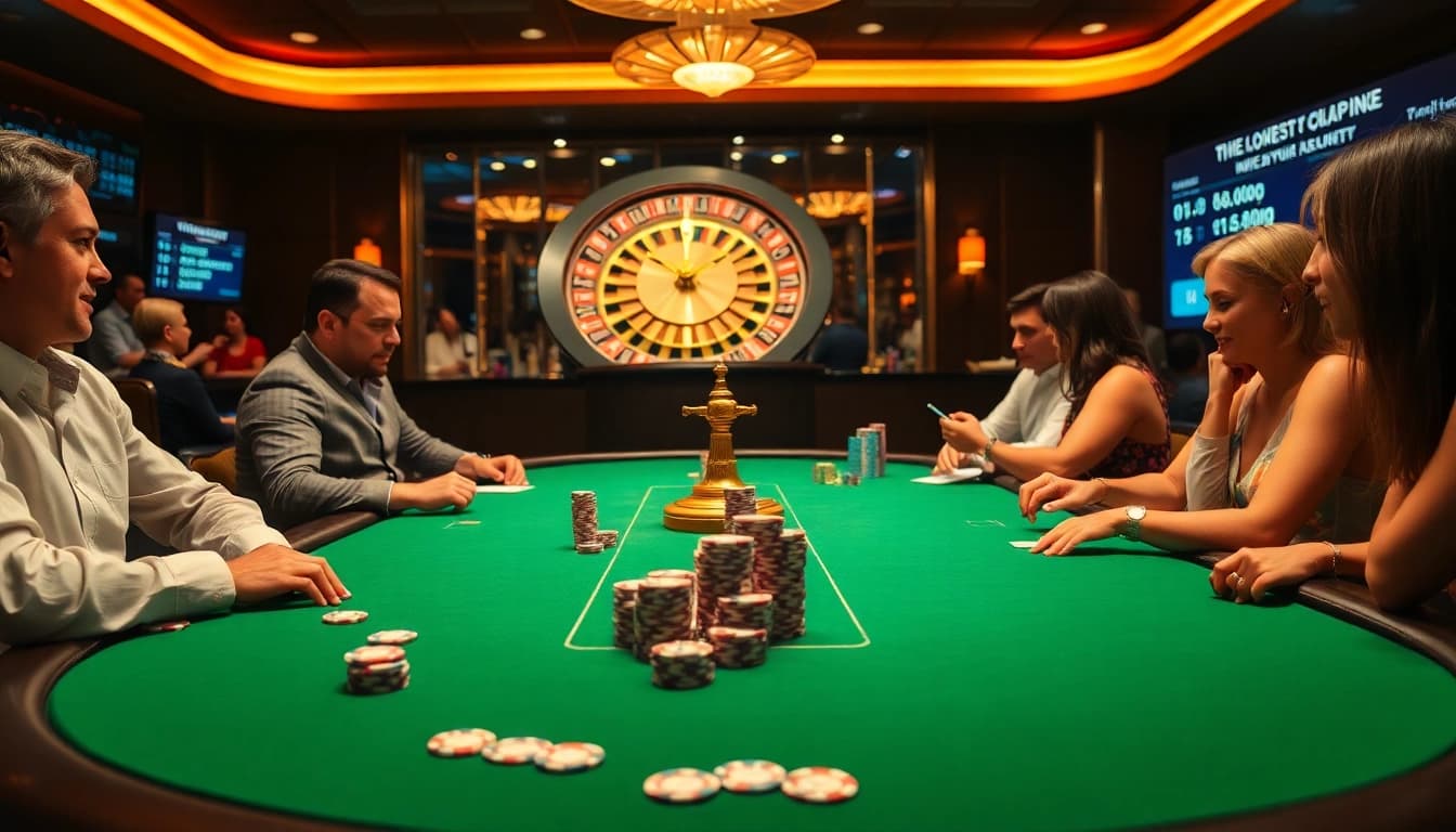 Engaging scene showcasing rr99 poker players strategizing at a luxury table in a vibrant casino.