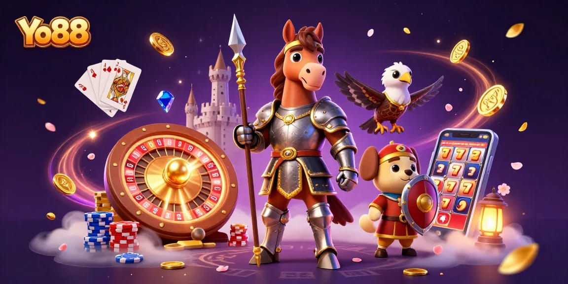 Experience winning with Yo88, featuring a vibrant illustration of casino elements and characters.