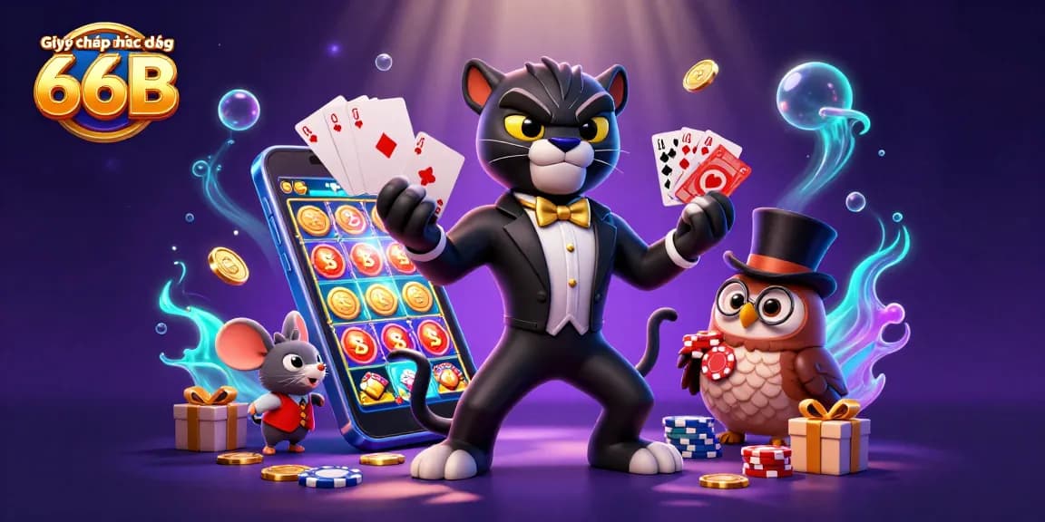 Engage with Giấy phép hoạt động 66B while exploring a vibrant casino scene featuring a stylish black panther and cute owl.