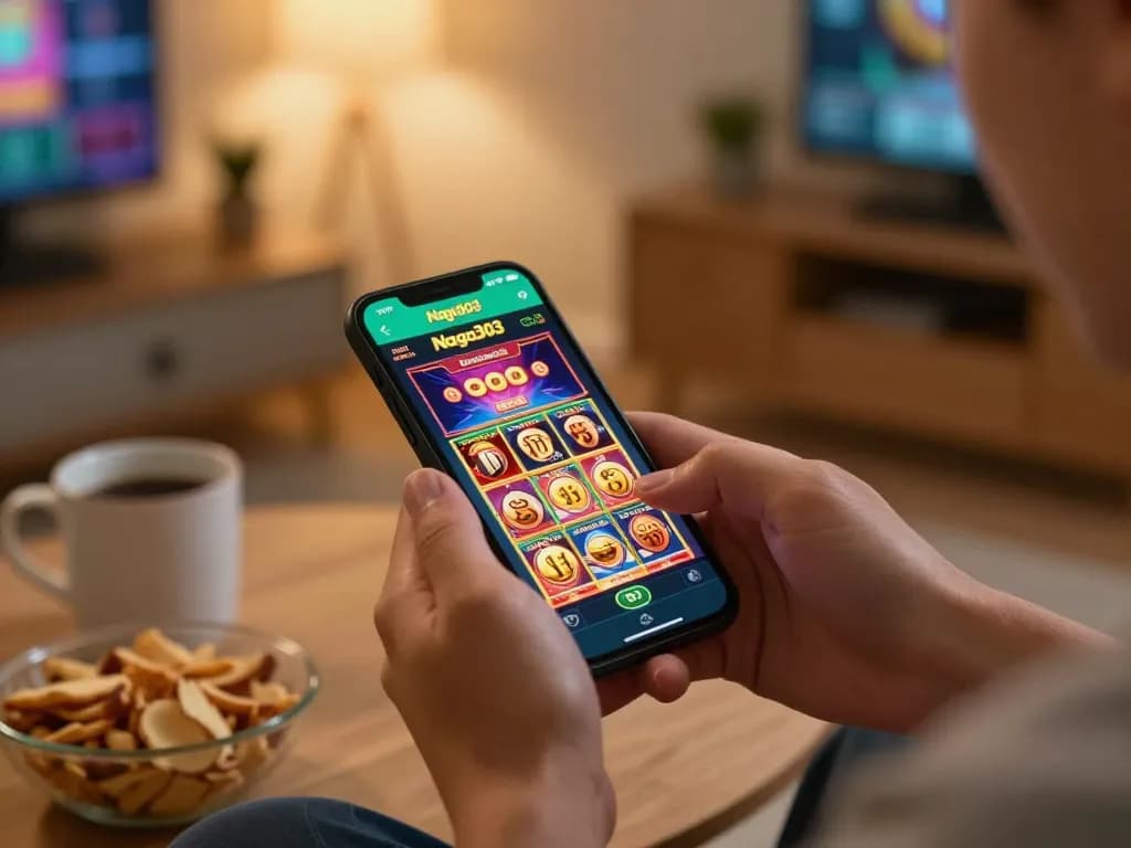 Naga303 mobile gaming experience featuring a smartphone app in a cozy home setting, enjoying responsible gaming.