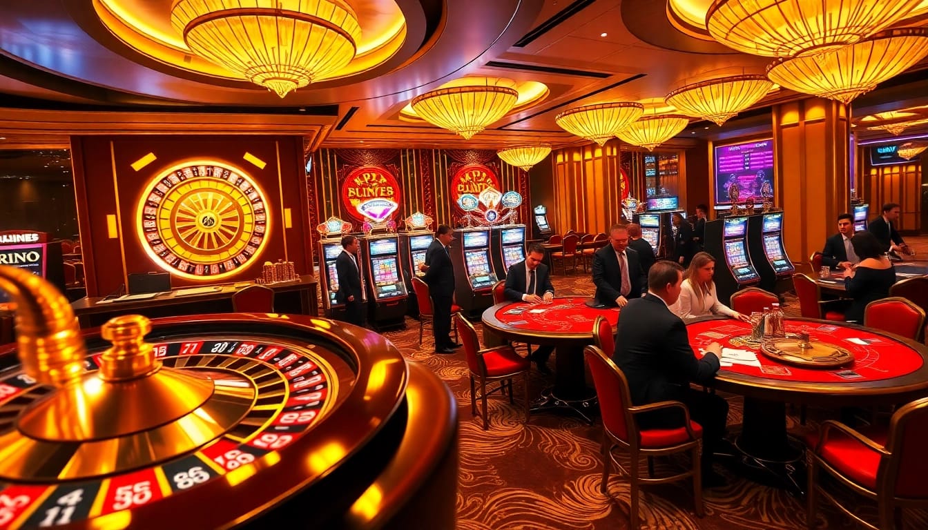 Gamblers enjoying table games and slots at KP88 Casino, showcasing excitement and luxury.