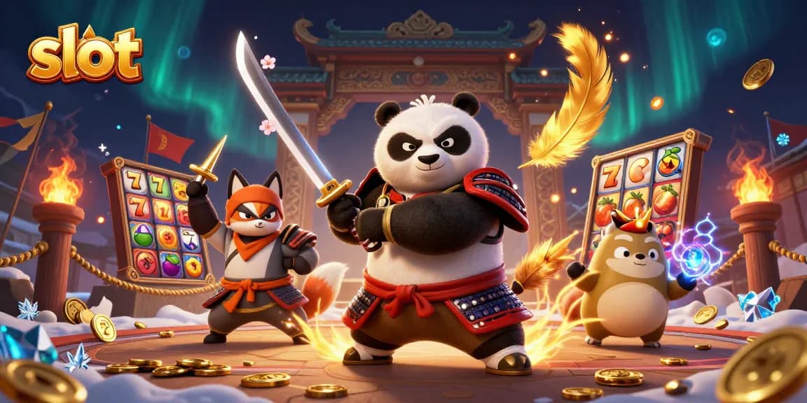 Slot demo menarik dengan panda samurai dan rubah ninja mengelilingi simbol jackpot.
