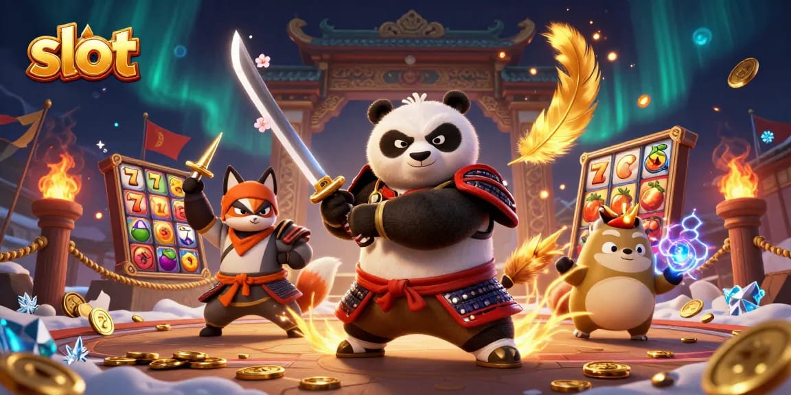 Slot demo menarik dengan panda samurai dan rubah ninja mengelilingi simbol jackpot.